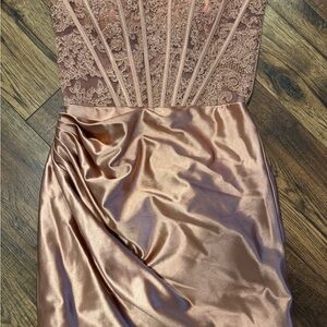 Sherri Hill Elegant Lace Satin Dress in Rose Gold